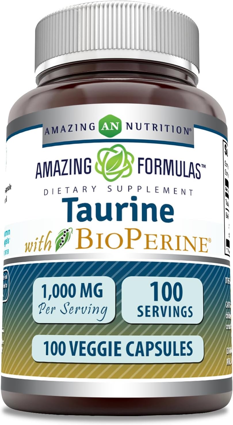 Premium Taurine with Bioperine Supplement - 1000 Mg Per Serving - 100 Veggie Capsules - Non-GMO - Gluten Free - Made in USA by Amazing Nutrition