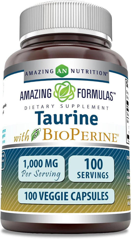 Premium Taurine with Bioperine Supplement - 1000 Mg Per Serving - 100 Veggie Capsules - Non-GMO - Gluten Free - Made in USA by Amazing Nutrition