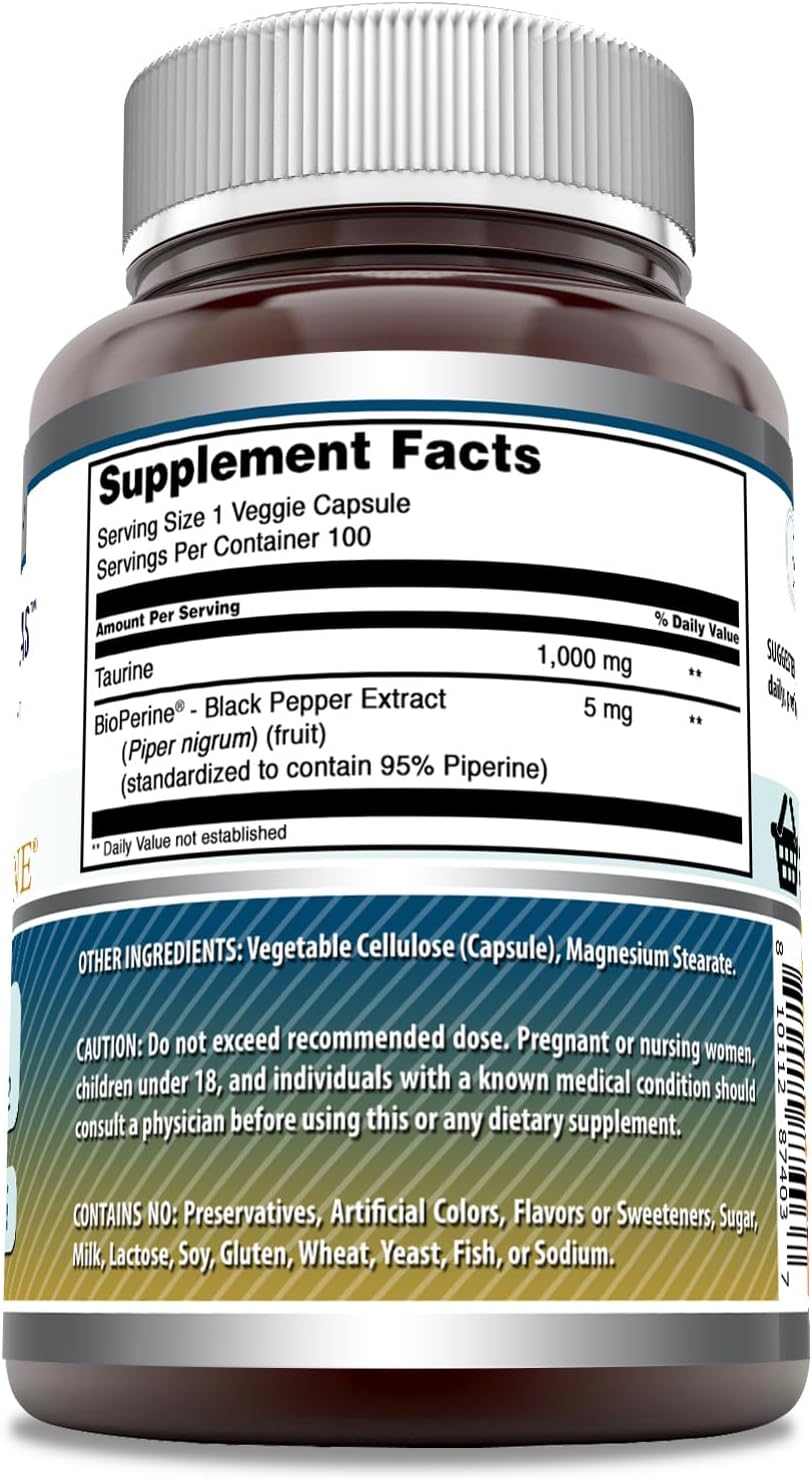 Premium Taurine with Bioperine Supplement - 1000 Mg Per Serving - 100 Veggie Capsules - Non-GMO - Gluten Free - Made in USA by Amazing Nutrition