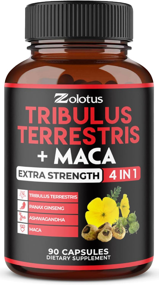 Premium Tribulus Terrestris Capsules with Ashwagandha, Panax Ginseng, & Maca - Boost Energy, Mood, Stamina, & Immune Support - 90 Count for 3 Months