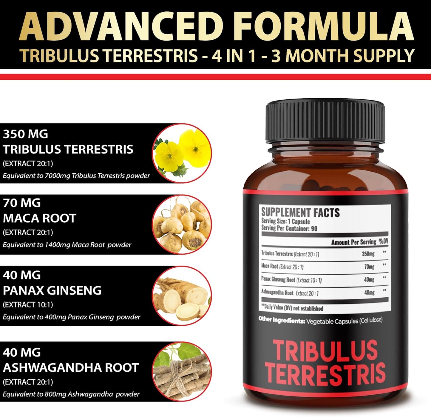 Premium Tribulus Terrestris Capsules with Ashwagandha, Panax Ginseng, & Maca - Boost Energy, Mood, Stamina, & Immune Support - 90 Count for 3 Months