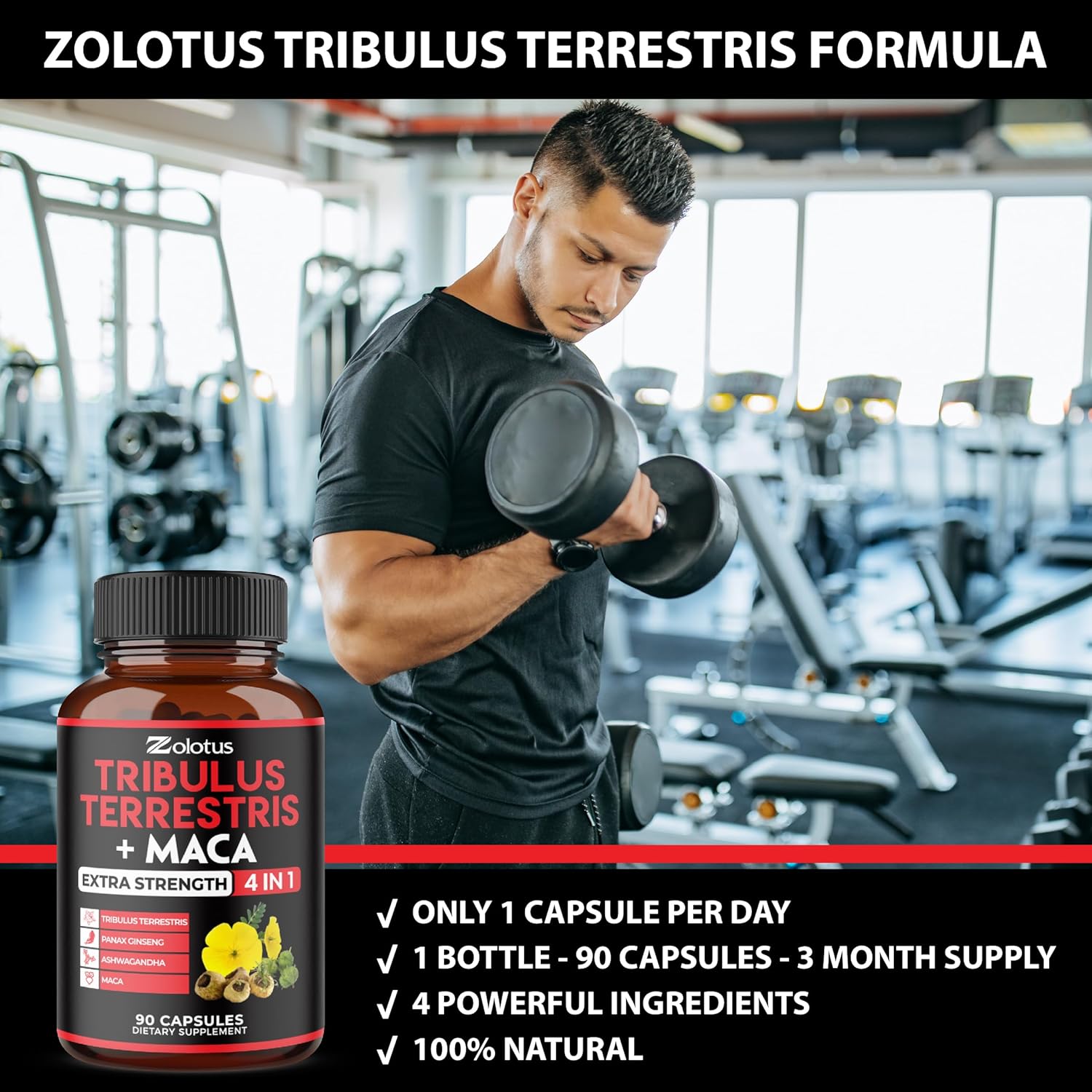 Premium Tribulus Terrestris Capsules with Ashwagandha, Panax Ginseng, & Maca - Boost Energy, Mood, Stamina, & Immune Support - 90 Count for 3 Months