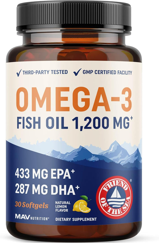 Premium Triple Strength Omega-3 Fish Oil 1200mg | EPA & DHA | Wild Caught, Sustainably Sourced | Burpless Softgels | Non-GMO | 30 Count