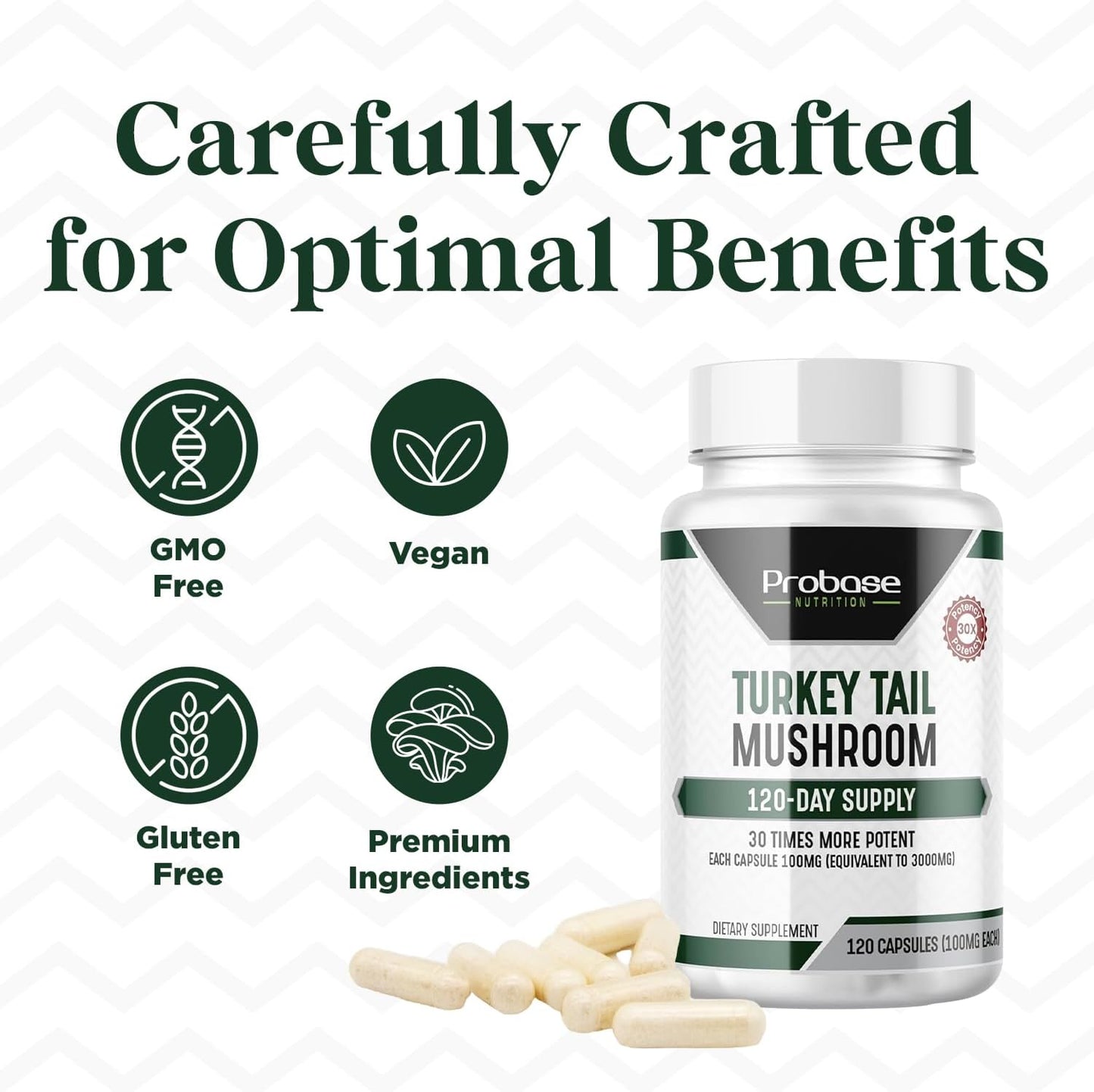 Premium Turkey Tail Mushroom Capsules - 4 Month Supply - 120 Capsules - Real Coriolus Versicolor Extract - Probase Nutrition