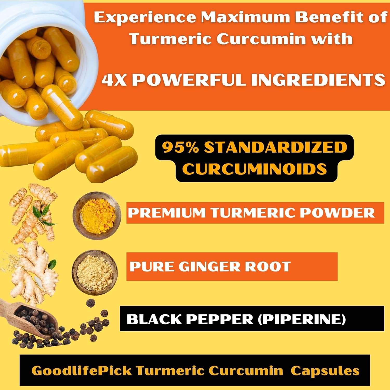 Premium Turmeric Capsules with Ginger and Black Pepper - 95% Curcuminoids - Non-GMO - 90ct Bottle