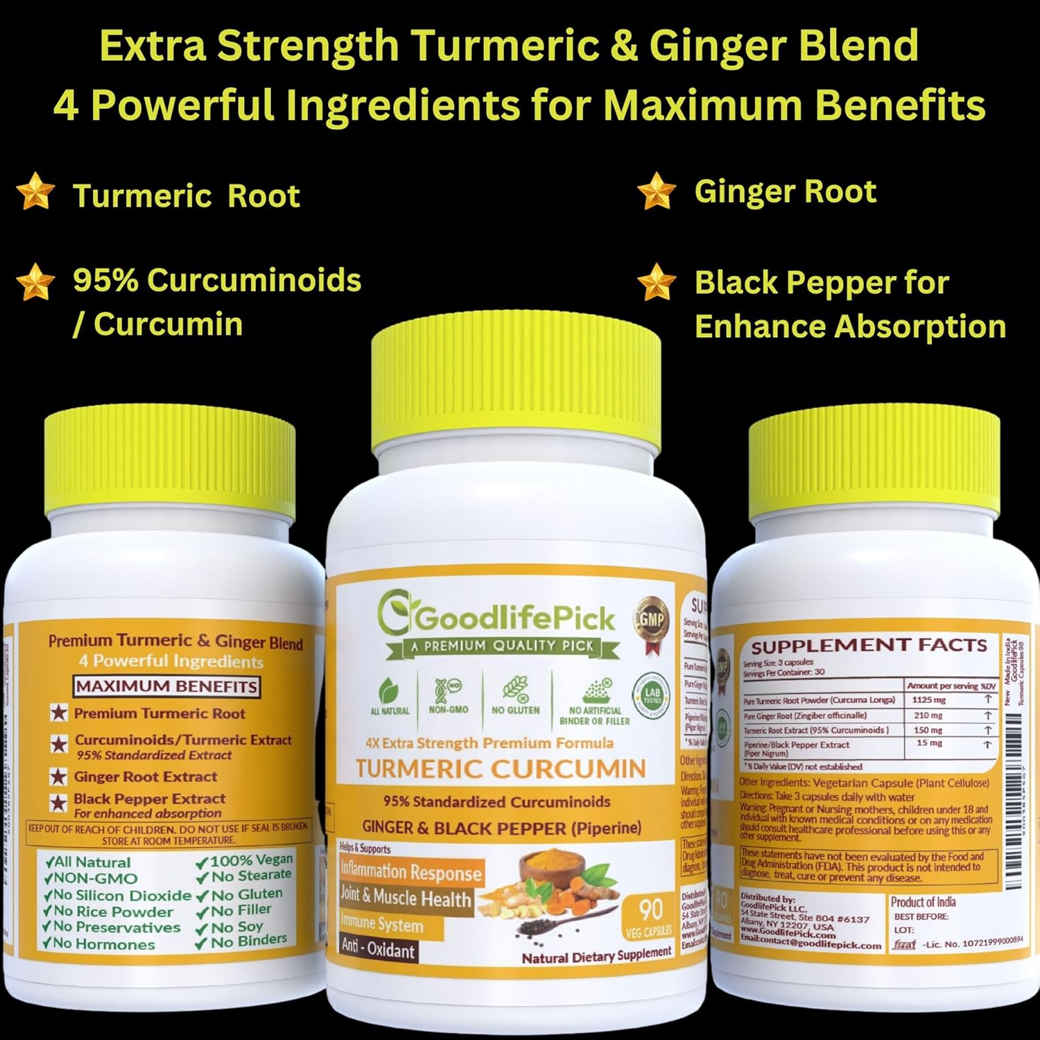 Premium Turmeric Capsules with Ginger and Black Pepper - 95% Curcuminoids - Non-GMO - 90ct Bottle