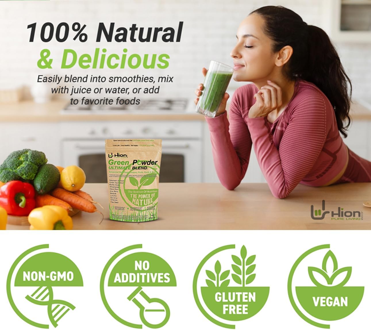 Premium Ultra-Pure Superfood Powder - Hion Green Powder Blend | 30 Servings | Vegan, Alkaline, Gluten-Free