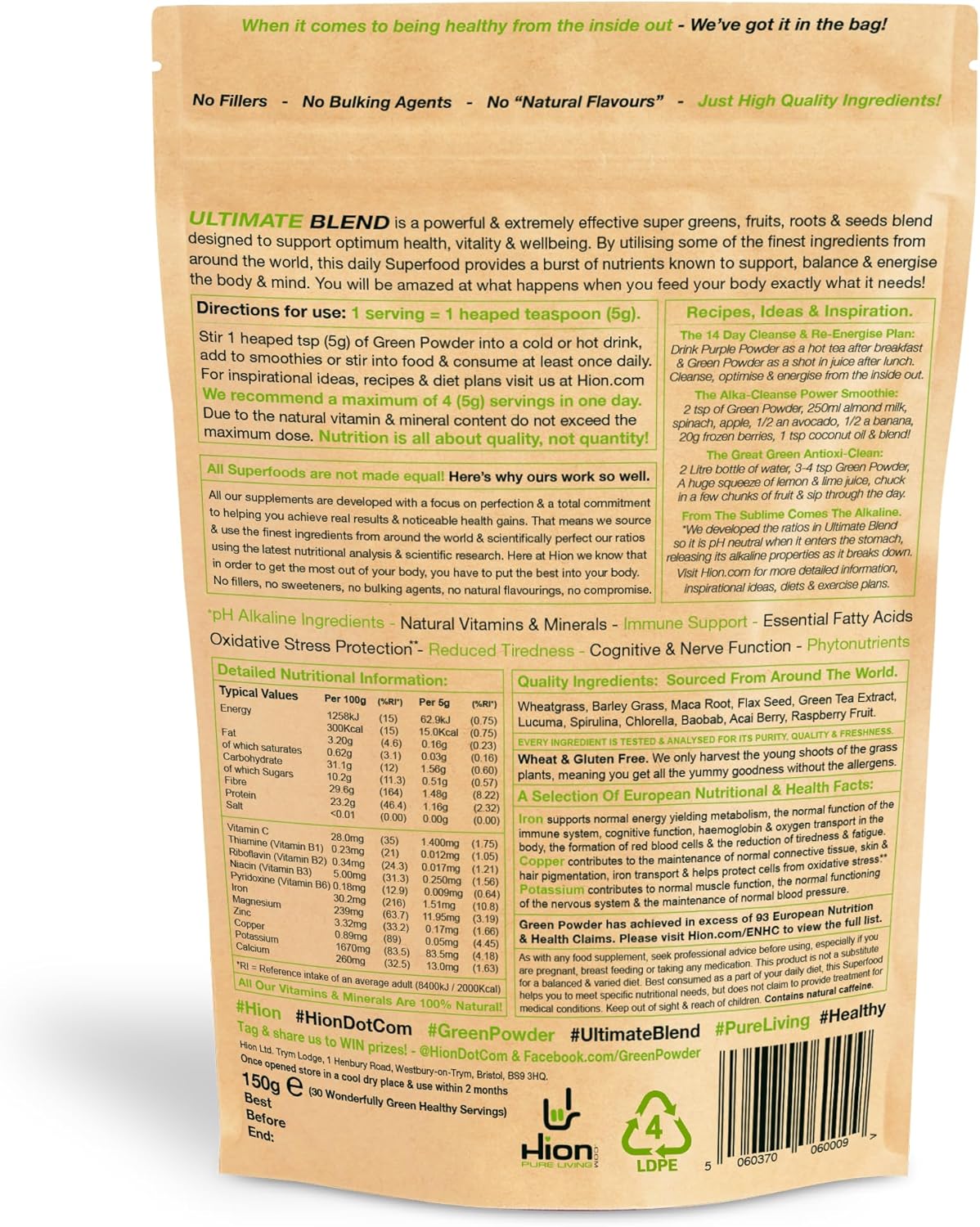 Premium Ultra-Pure Superfood Powder - Hion Green Powder Blend | 30 Servings | Vegan, Alkaline, Gluten-Free
