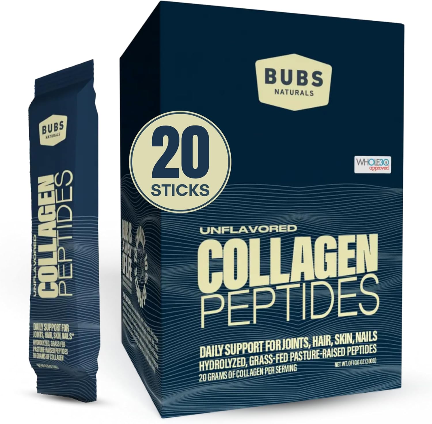 Premium Unflavored Collagen Peptides Powder for Healthy Joints & Skin - Grass-Fed, Non-GMO, Paleo & Keto Friendly - 20 Stick Packs