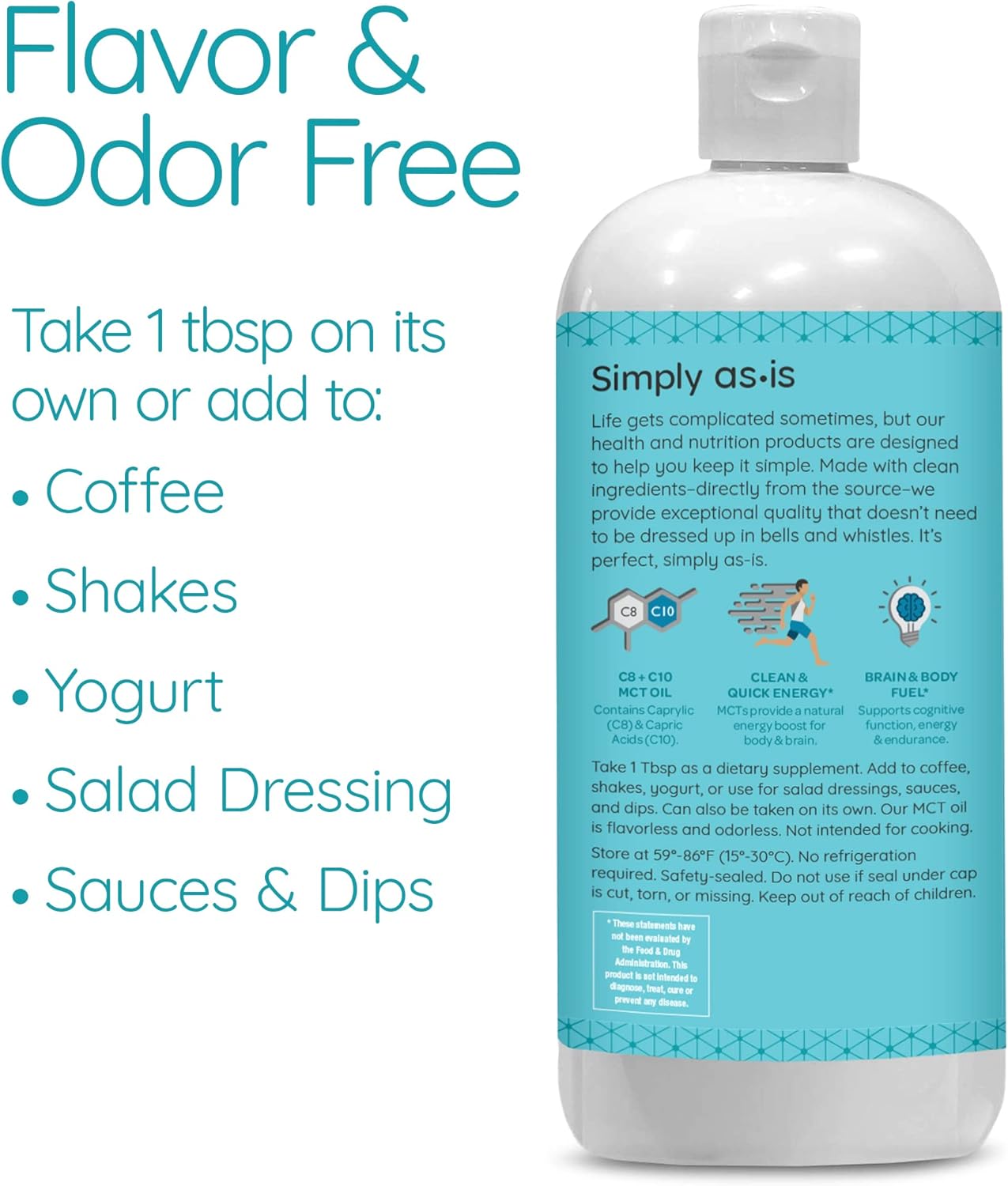 Premium Unflavored MCT Oil C8 & C10 from Non-GMO Coconuts - Ideal for Coffee - Quick Energy Boost - 32 fl oz