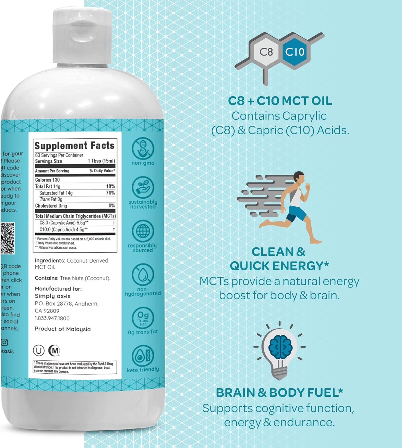 Premium Unflavored MCT Oil C8 & C10 from Non-GMO Coconuts - Ideal for Coffee - Quick Energy Boost - 32 fl oz