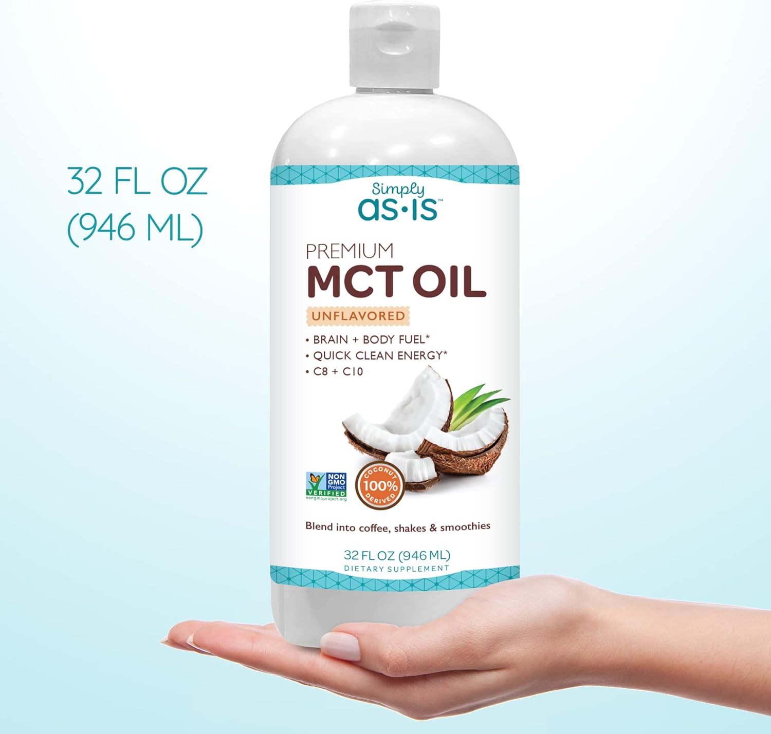 Premium Unflavored MCT Oil C8 & C10 from Non-GMO Coconuts - Ideal for Coffee - Quick Energy Boost - 32 fl oz