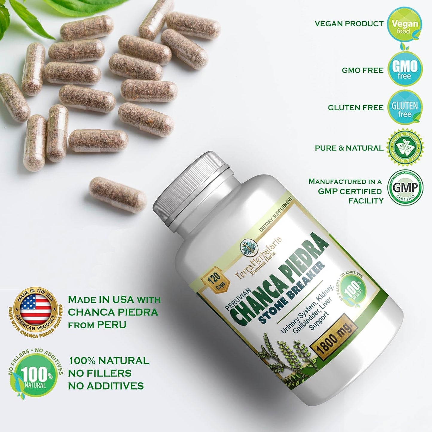 Premium USA-Made Chanca Piedra Stone Breaker Capsules - 1800mg Stone Dissolver Crusher for Kidney & Gallbladder Support - Liver Flush & Support - 120 Vegetarian Soft Capsules