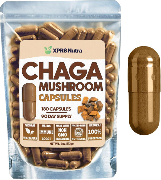 Premium USDA Chaga Mushroom Capsules for Immunity Boost - Vegan Friendly Superfood for Chaga Tea - 180 Count