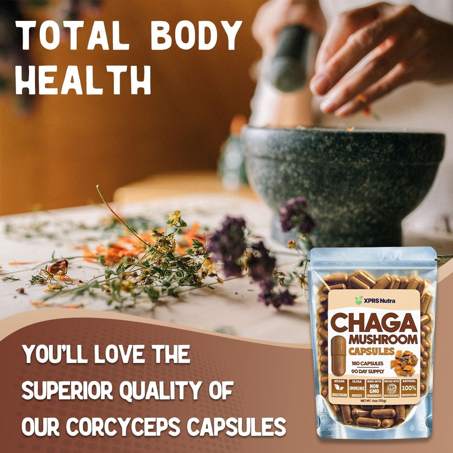 Premium USDA Chaga Mushroom Capsules for Immunity Boost - Vegan Friendly Superfood for Chaga Tea - 180 Count