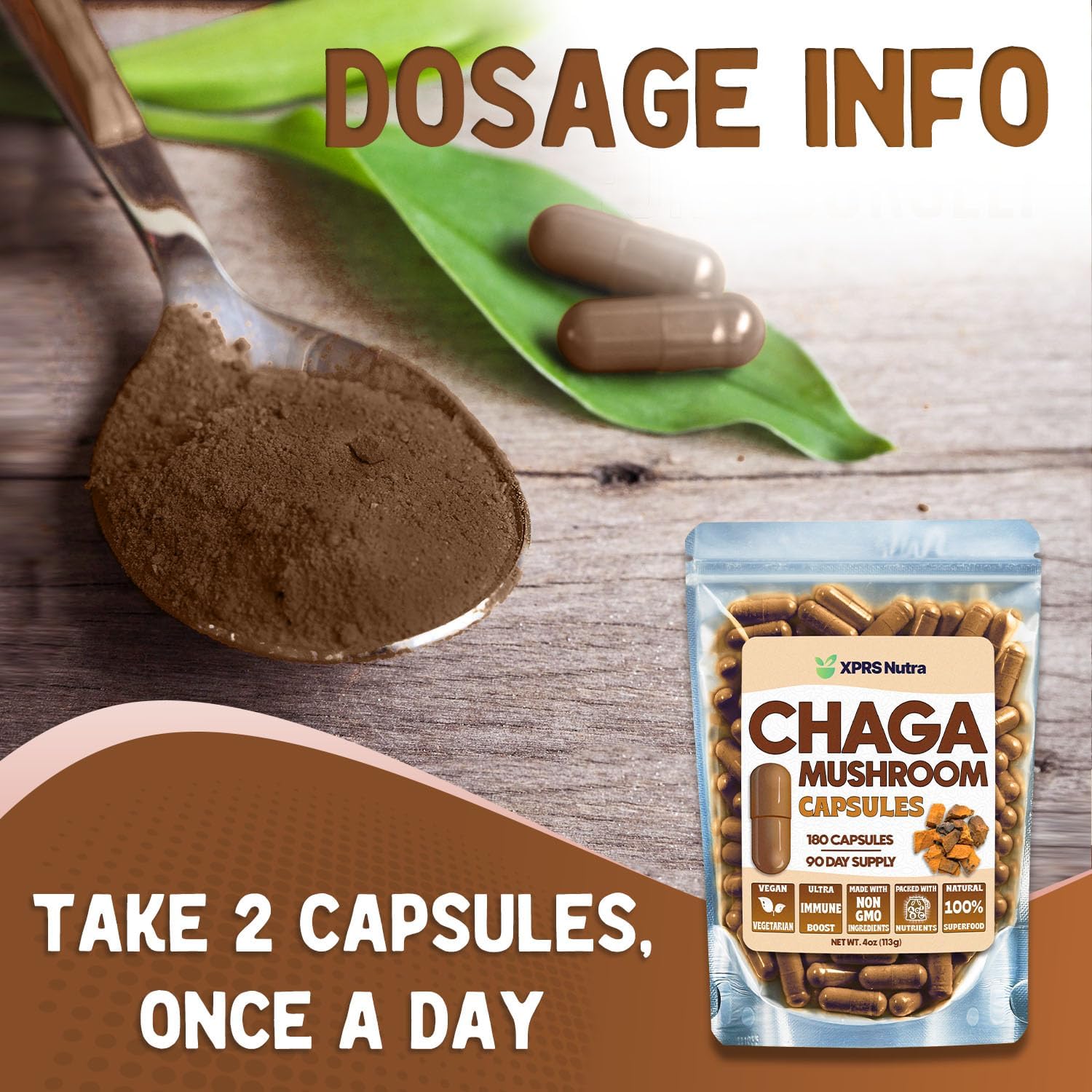 Premium USDA Chaga Mushroom Capsules for Immunity Boost - Vegan Friendly Superfood for Chaga Tea - 180 Count
