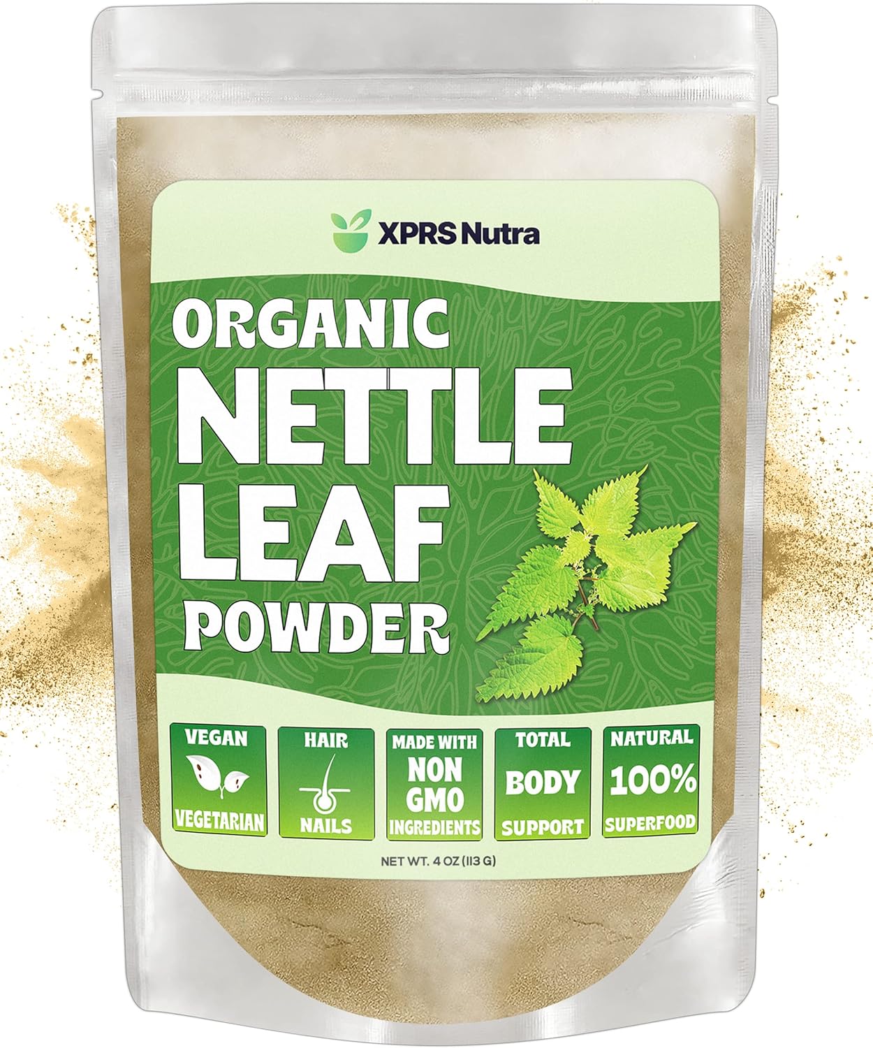 Premium USDA Organic Nettle Leaf Powder for Hair and Nails - Vegan Energy Boosting Formula (4 oz)