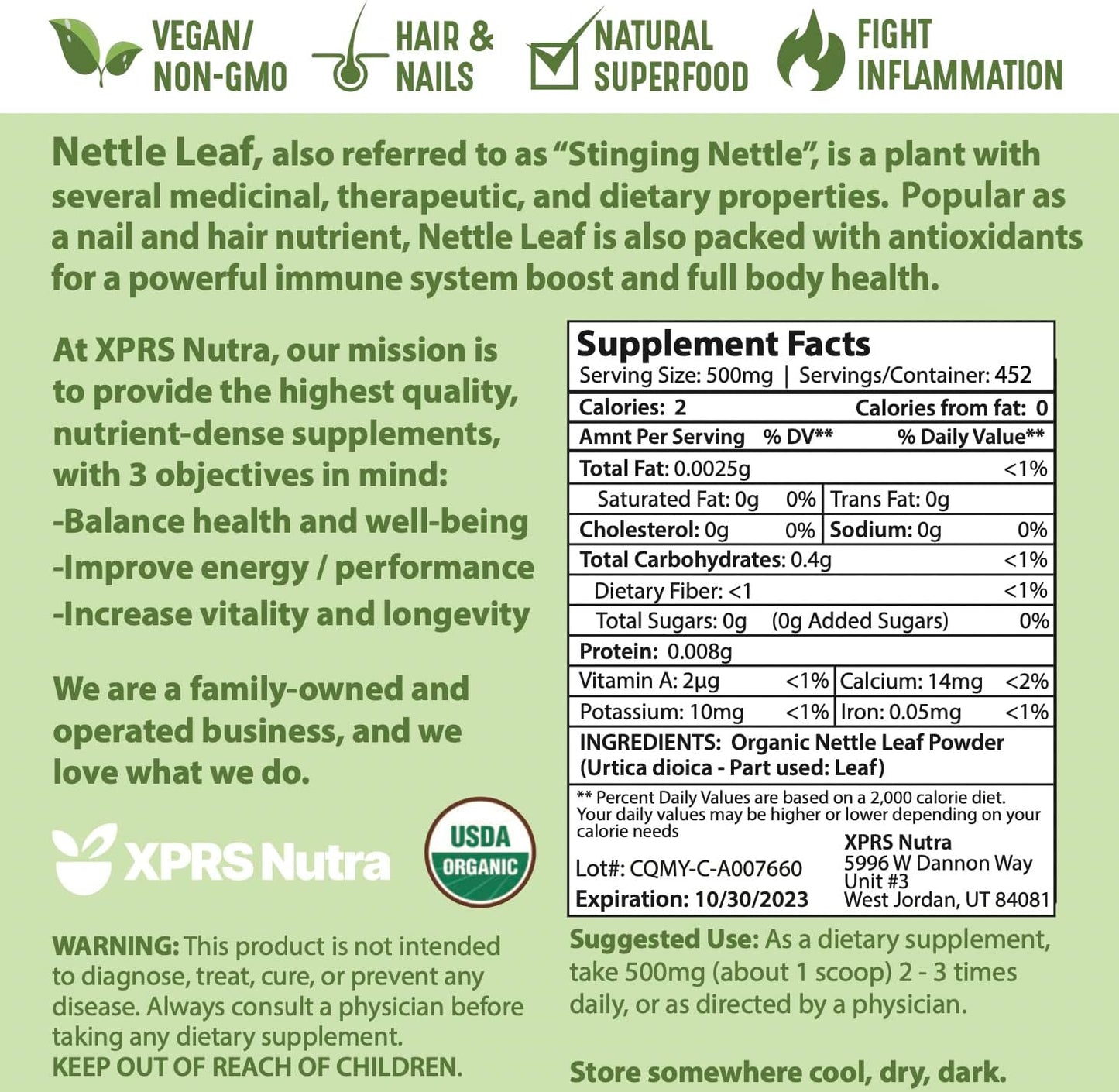 Premium USDA Organic Nettle Leaf Powder for Hair and Nails - Vegan Friendly Energy Boosting Stinging Nettle Leaf (8 oz)