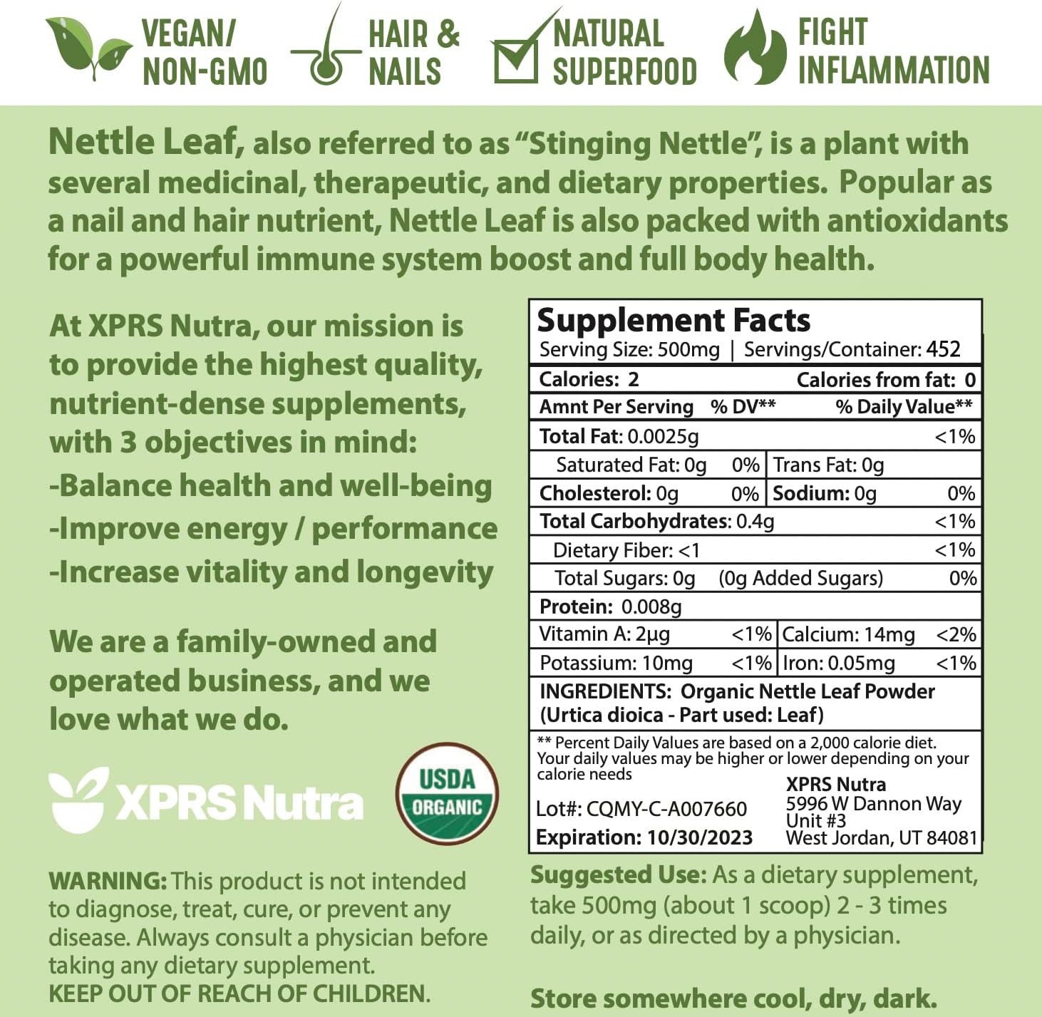 Premium USDA Organic Nettle Leaf Powder for Hair and Nails - Vegan Friendly Energy Boosting Stinging Nettle Leaf (8 oz)