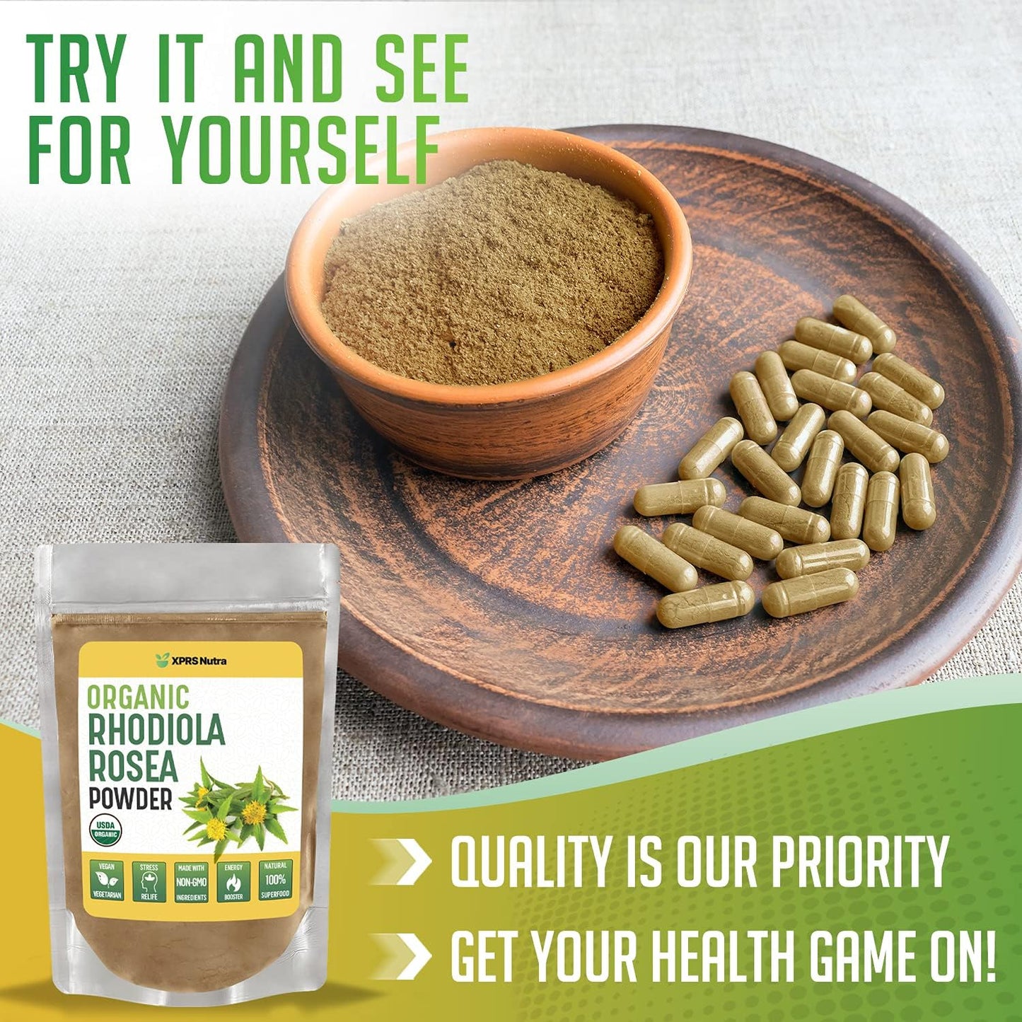 Premium USDA Organic Rhodiola Rosea Powder for Cognition and Relaxation - Vegan-Friendly Energy Booster - 1 oz by XPRS Nutra