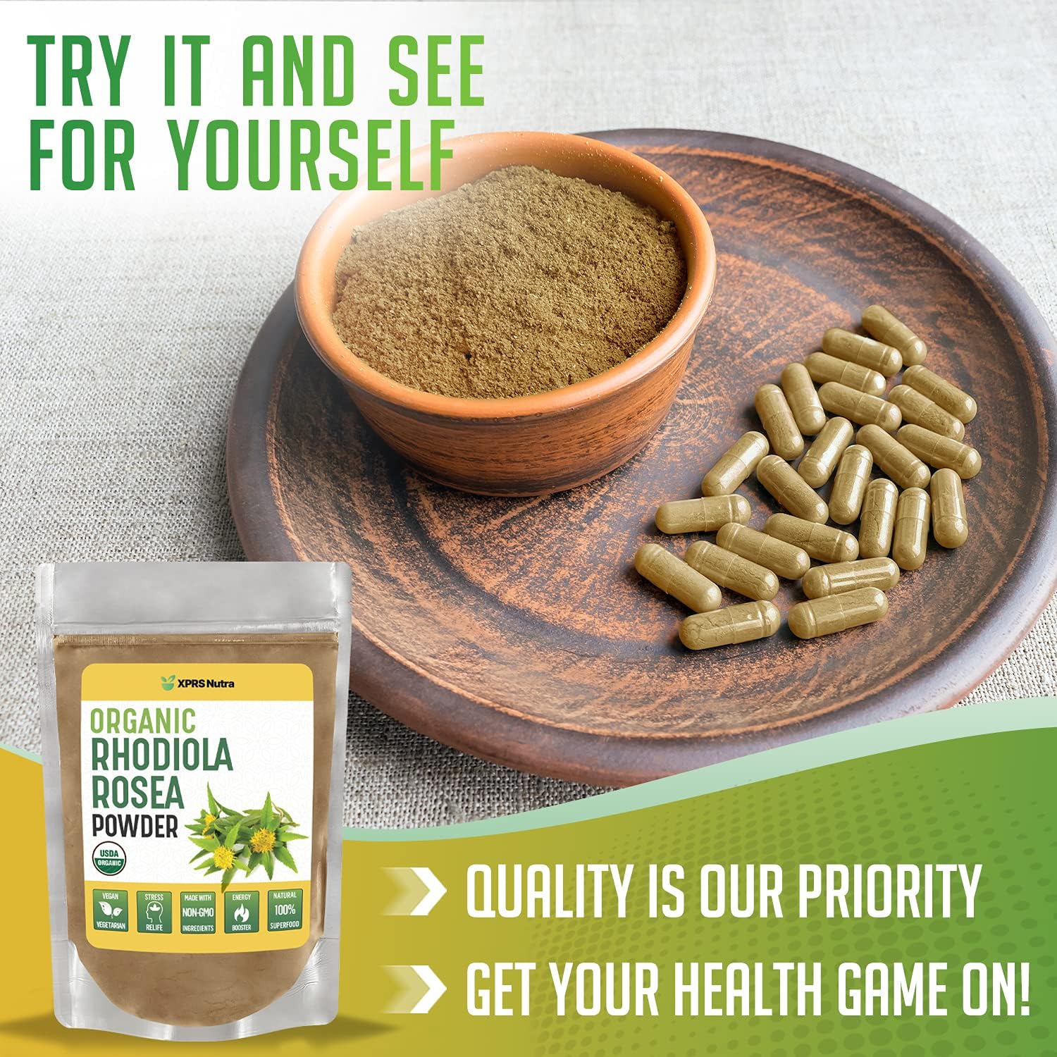 Premium USDA Organic Rhodiola Rosea Powder for Cognitive Support and Relaxation - Vegan Energy Boost (4 oz) by XPRS Nutra