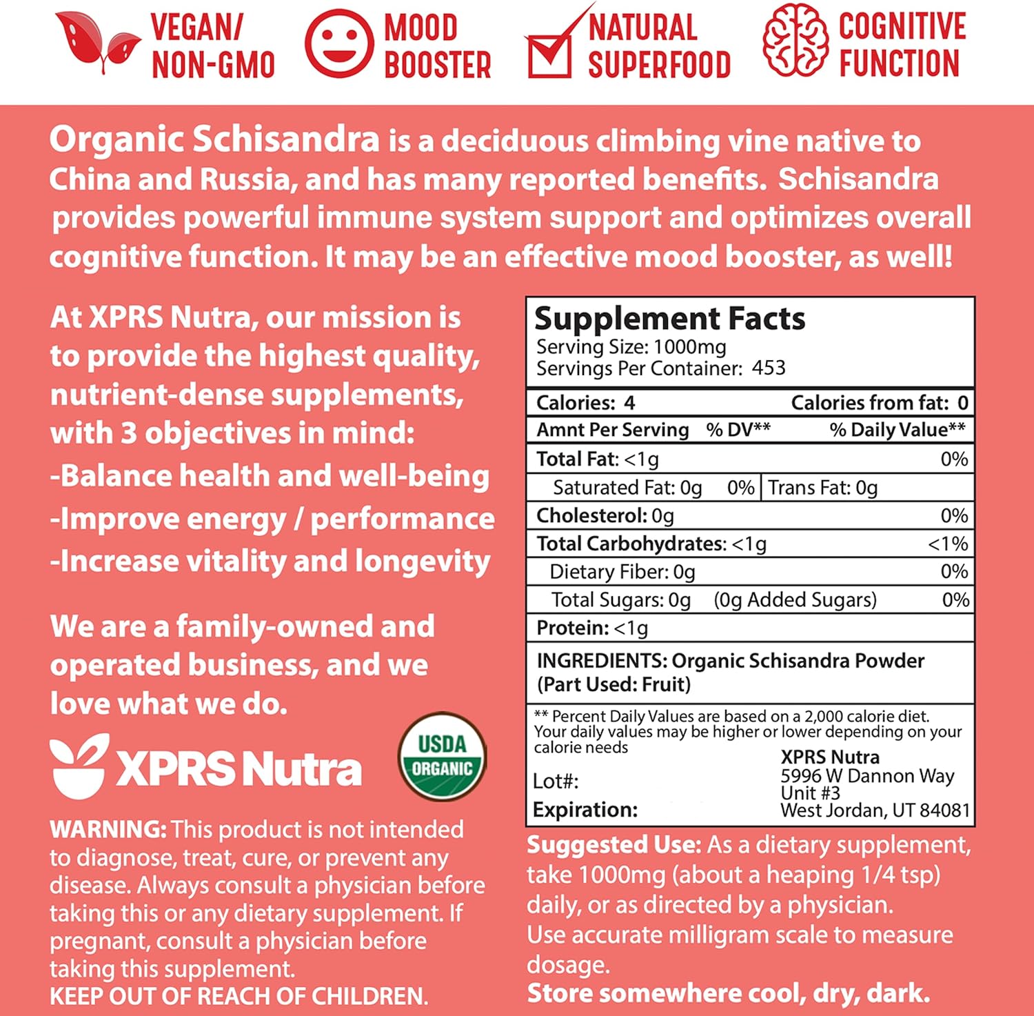 Premium USDA Organic Schisandra Berry Powder Extract for Cognition and Immunity - Vegan Superfood (16 oz)