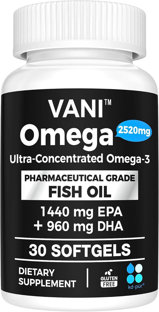Premium VANI Pharmaceutical Grade Omega 3 Fish Oil Softgels - 2520mg EPA & DHA for Brain, Heart, & Immunity - Made in Germany (30 Count)