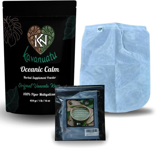 Premium Vanuatu Kava Root Powder and Strainer Bundle - 16oz for Calmness & Relaxation with Fine Mesh Bag
