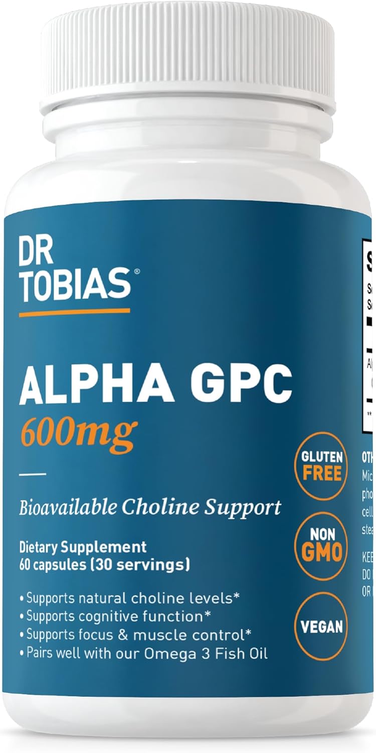 Premium Vegan Alpha GPC Choline Supplements for Brain Health - 600mg Per Serving, Non-GMO Nootropic Supplement - 60 Capsules, 30 Servings