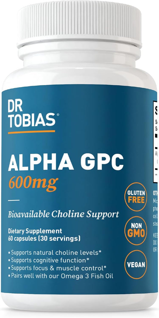 Premium Vegan Alpha GPC Choline Supplements for Brain Health - 600mg Per Serving, Non-GMO Nootropic Supplement - 60 Capsules, 30 Servings