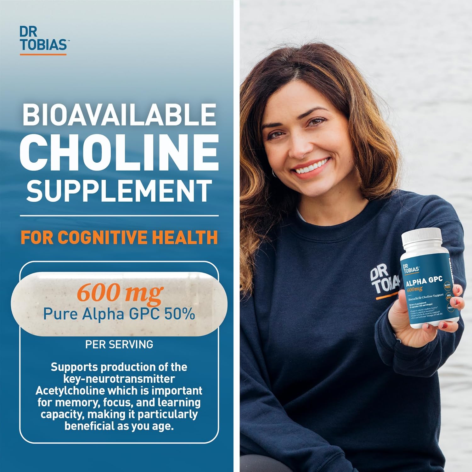 Premium Vegan Alpha GPC Choline Supplements for Brain Health - 600mg Per Serving, Non-GMO Nootropic Supplement - 60 Capsules, 30 Servings