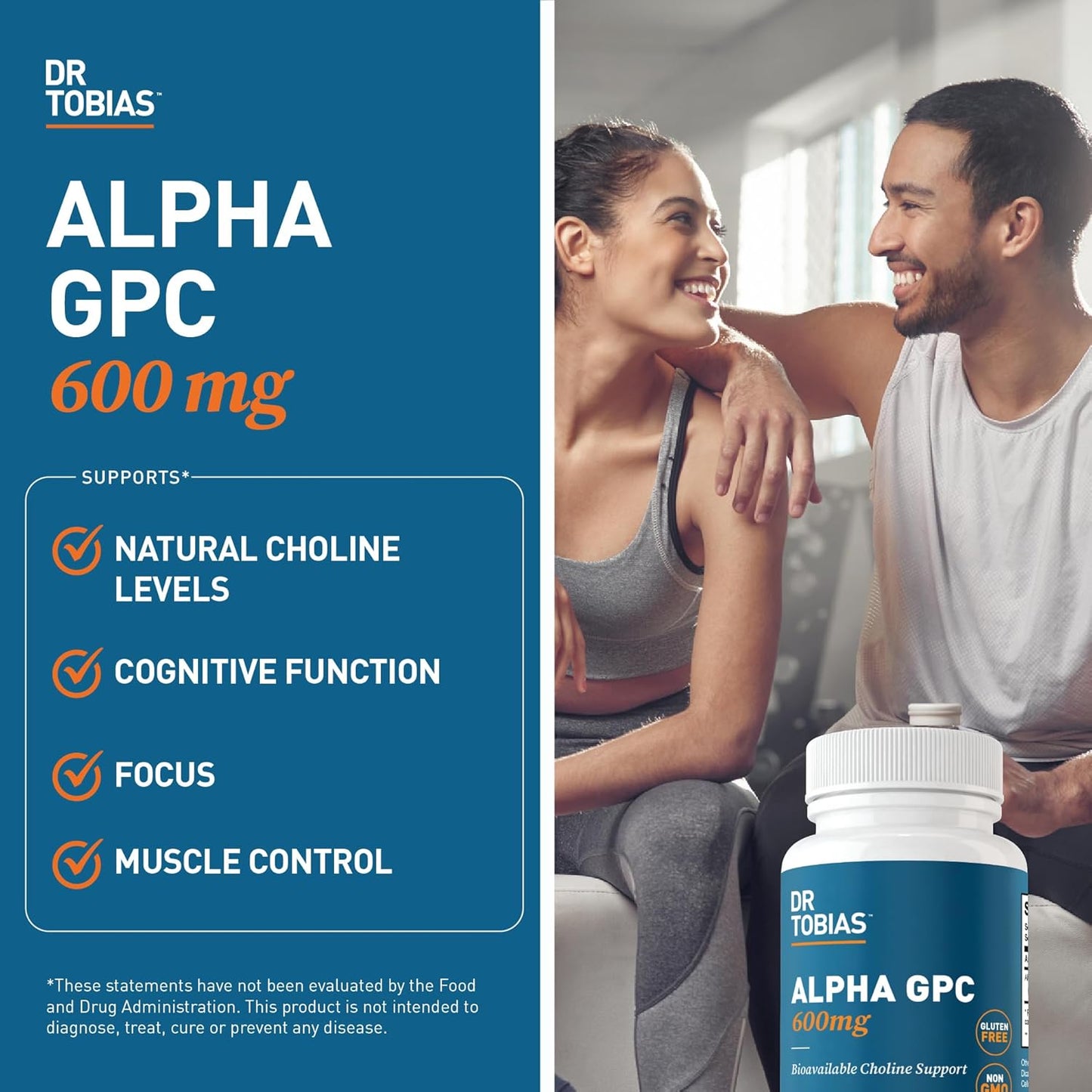 Premium Vegan Alpha GPC Choline Supplements for Brain Health - 600mg Per Serving, Non-GMO Nootropic Supplement - 60 Capsules, 30 Servings