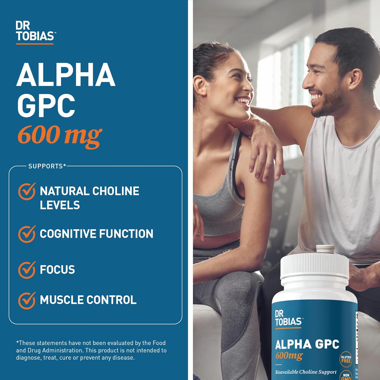 Premium Vegan Alpha GPC Choline Supplements for Brain Health - 600mg Per Serving, Non-GMO Nootropic Supplement - 60 Capsules, 30 Servings