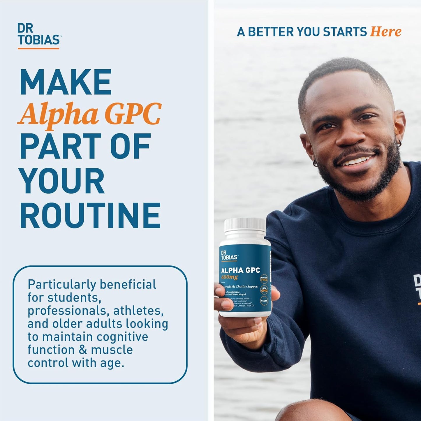 Premium Vegan Alpha GPC Choline Supplements for Brain Health - 600mg Per Serving, Non-GMO Nootropic Supplement - 60 Capsules, 30 Servings