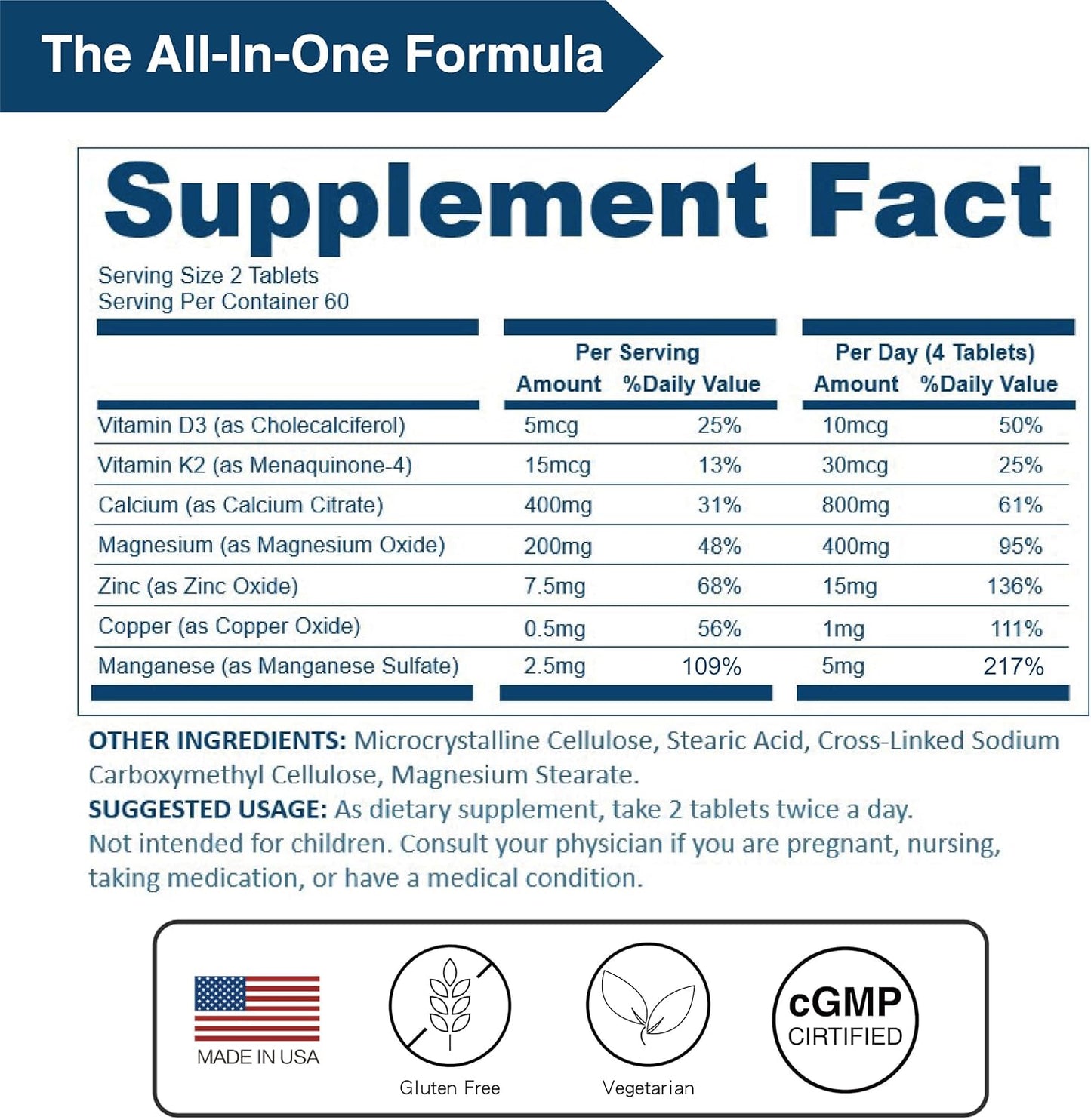 Premium Vegan Calcium Citrate Supplement with Vitamin D3 & K2 - 800 mg | 2:1 Ratio with Magnesium, Zinc, Copper, Manganese | Bone Health Support - 120 Tablets (Pack of 3)