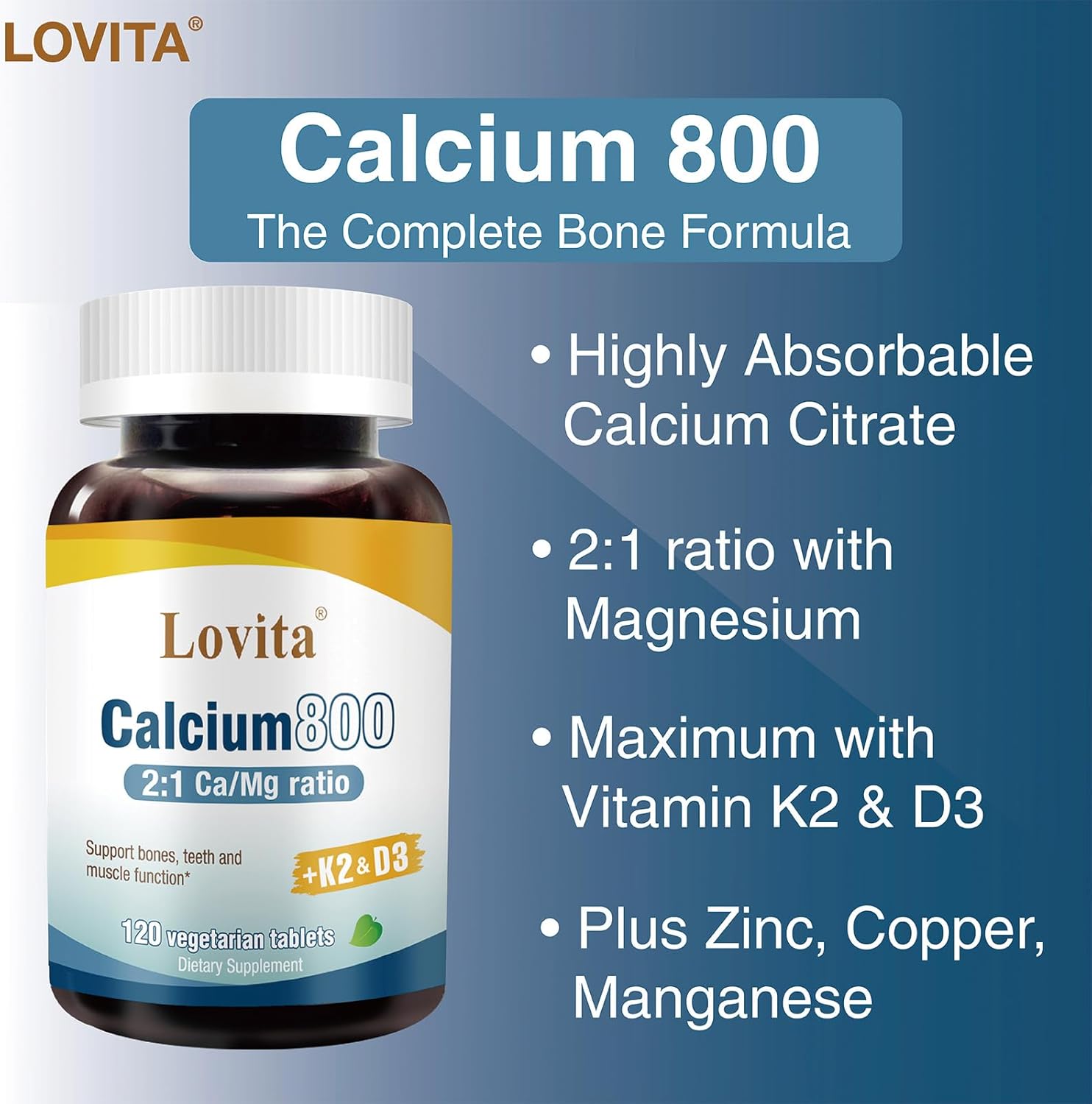 Premium Vegan Calcium Citrate Supplement with Vitamin D3 & K2 - 800 mg | 2:1 Ratio with Magnesium, Zinc, Copper, Manganese | Bone Health Support - 120 Tablets (Pack of 3)