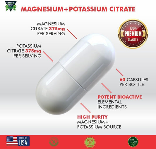 Premium Vegan Magnesium Citrate and Potassium Capsules - 60 Count - Non GMO, Gluten Free - High Absorption - Made in USA