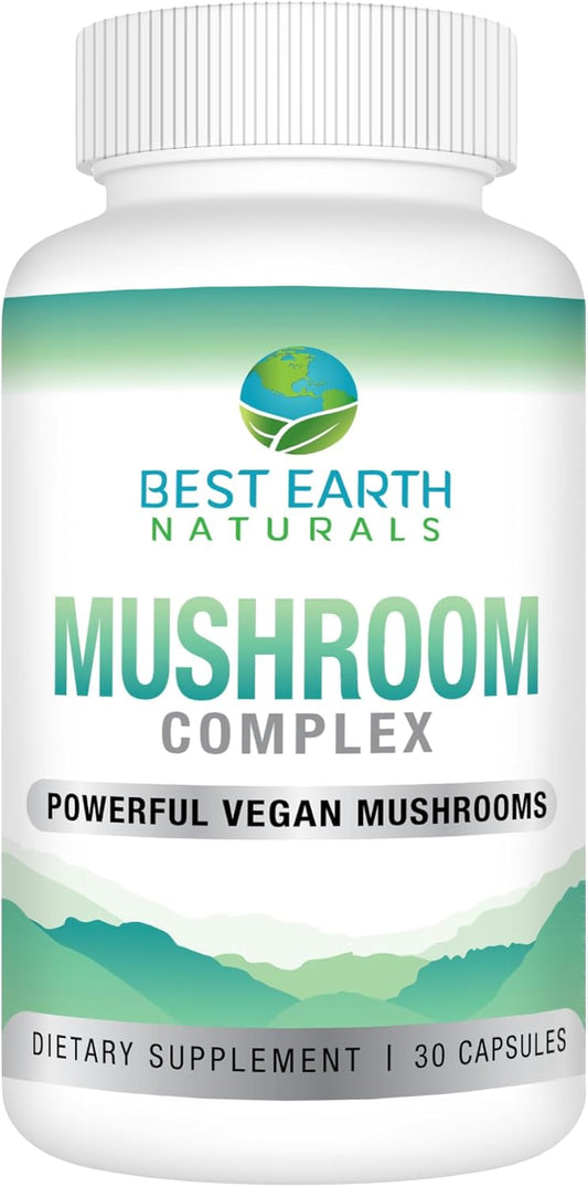 Premium Vegan Mushroom Complex Supplement for Energy, Clarity, and Cognitive Health - Immune Support with Lion's Mane, Reishi, Chaga, Maitake, and Shiitake - 30 Day Supply (30 Capsules) by Best Earth Naturals