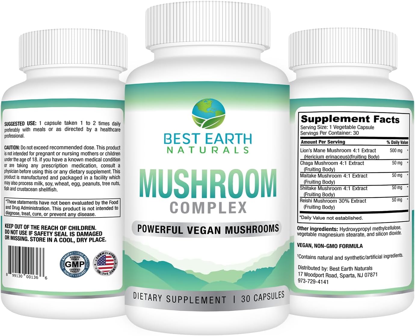 Premium Vegan Mushroom Complex Supplement for Energy, Clarity, and Cognitive Health - Immune Support with Lion's Mane, Reishi, Chaga, Maitake, and Shiitake - 30 Day Supply (30 Capsules) by Best Earth Naturals