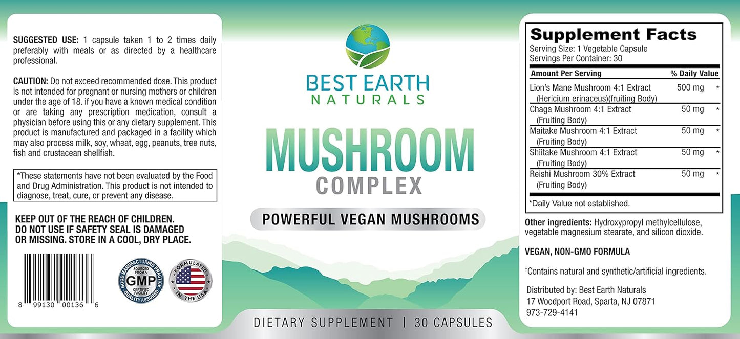 Premium Vegan Mushroom Complex Supplement for Energy, Clarity, and Cognitive Health - Immune Support with Lion's Mane, Reishi, Chaga, Maitake, and Shiitake - 30 Day Supply (30 Capsules) by Best Earth Naturals