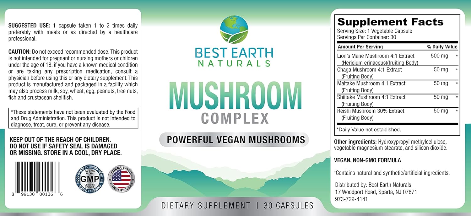 Premium Vegan Mushroom Complex Supplement for Energy, Clarity, and Cognitive Health - Immune Support with Lion's Mane, Reishi, Chaga, Maitake, and Shiitake - 30 Day Supply (30 Capsules) by Best Earth Naturals
