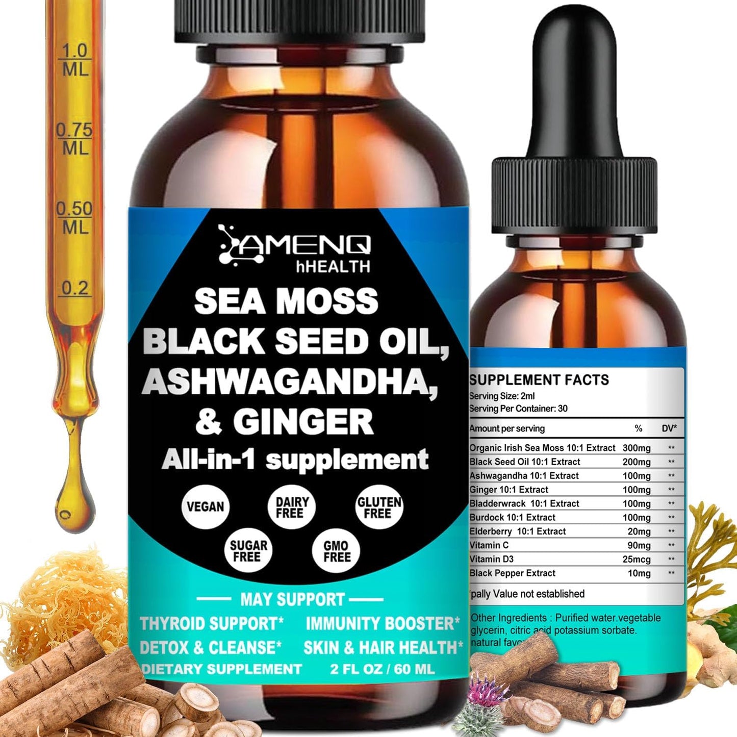 Premium Vegan Sea Moss Black Seed Oil Ashwagandha Ginger Liquid Drops Extract - Immunity & Joint Support - 4X Stronger - 3000mg