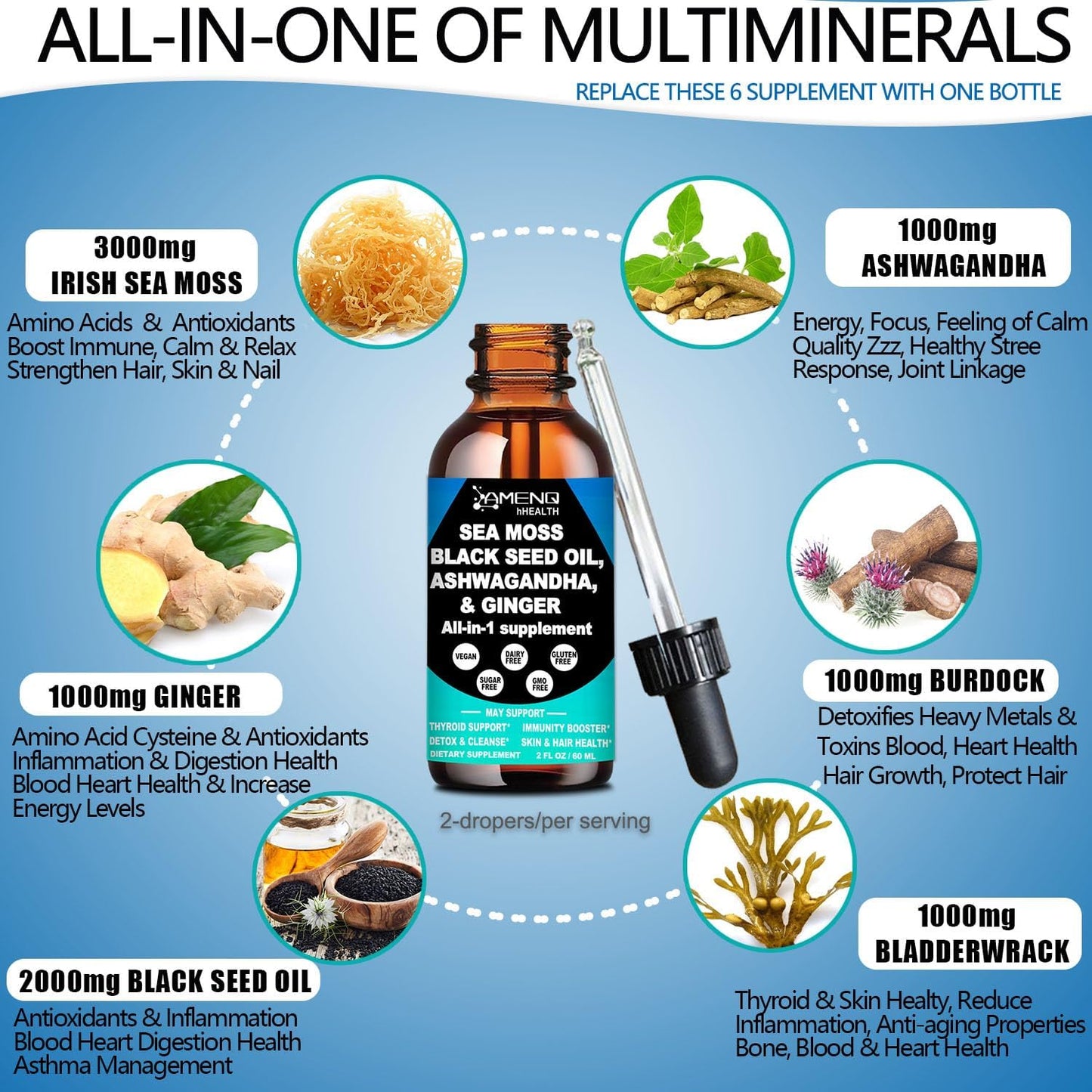 Premium Vegan Sea Moss Black Seed Oil Ashwagandha Ginger Liquid Drops Extract - Immunity & Joint Support - 4X Stronger - 3000mg