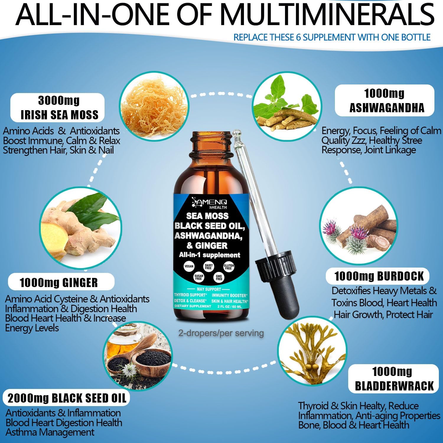 Premium Vegan Sea Moss Black Seed Oil Ashwagandha Ginger Liquid Drops Extract - Immunity & Joint Support - 4X Stronger - 3000mg