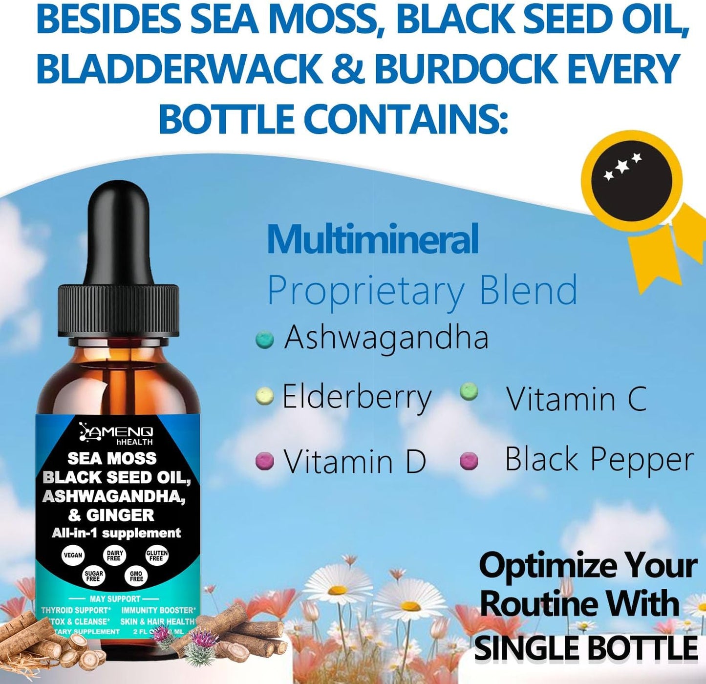 Premium Vegan Sea Moss Black Seed Oil Ashwagandha Ginger Liquid Drops Extract - Immunity & Joint Support - 4X Stronger - 3000mg