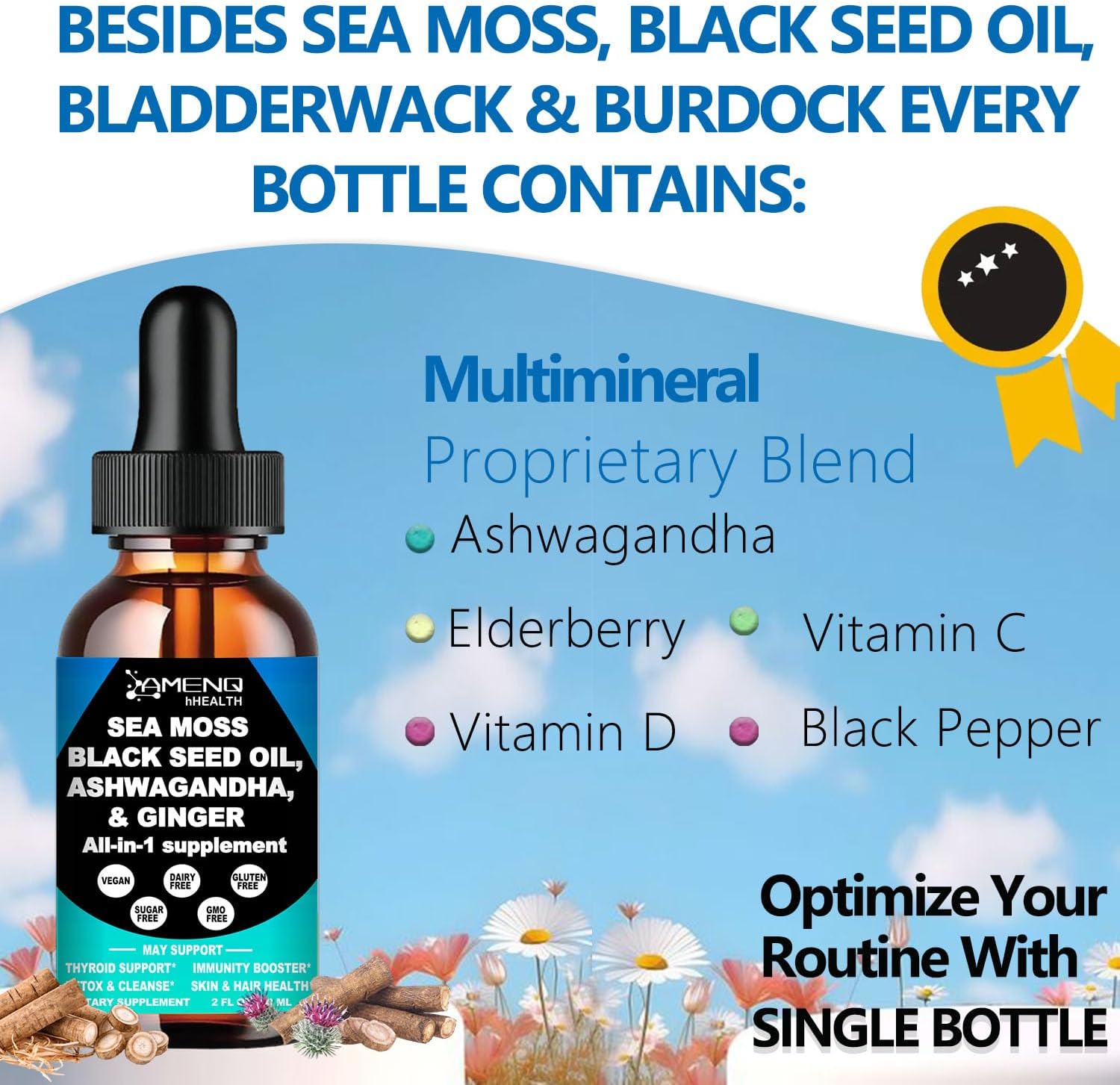 Premium Vegan Sea Moss Black Seed Oil Ashwagandha Ginger Liquid Drops Extract - Immunity & Joint Support - 4X Stronger - 3000mg