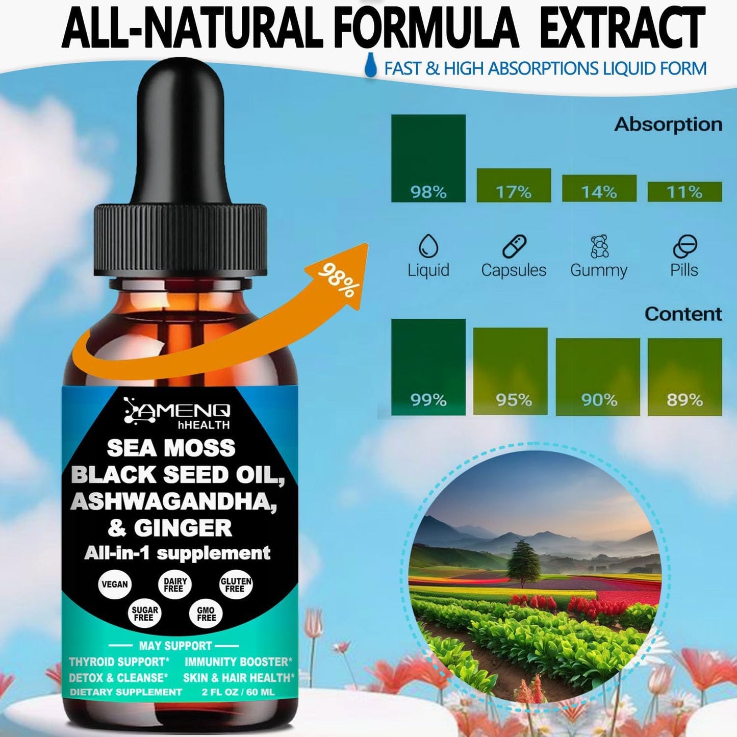 Premium Vegan Sea Moss Black Seed Oil Ashwagandha Ginger Liquid Drops Extract - Immunity & Joint Support - 4X Stronger - 3000mg