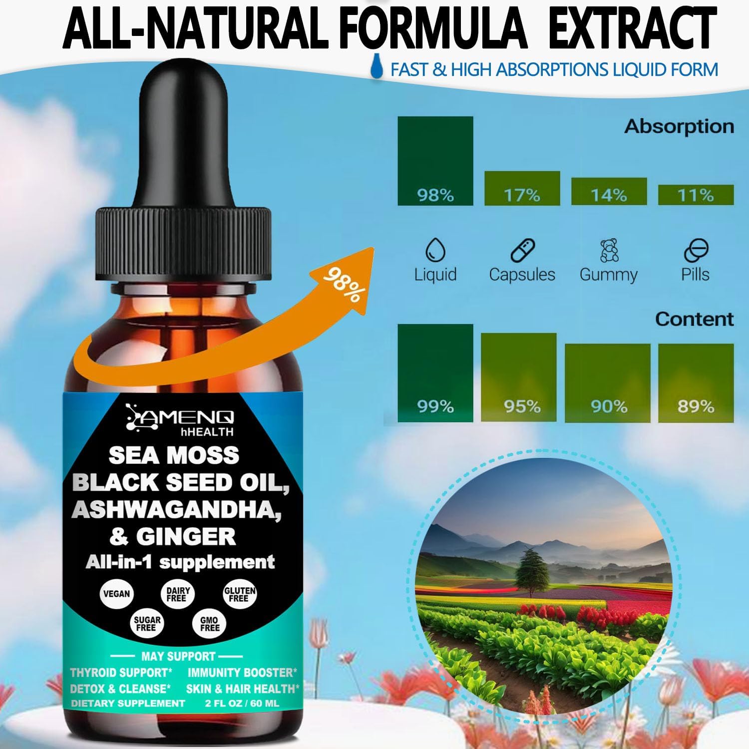 Premium Vegan Sea Moss Black Seed Oil Ashwagandha Ginger Liquid Drops Extract - Immunity & Joint Support - 4X Stronger - 3000mg