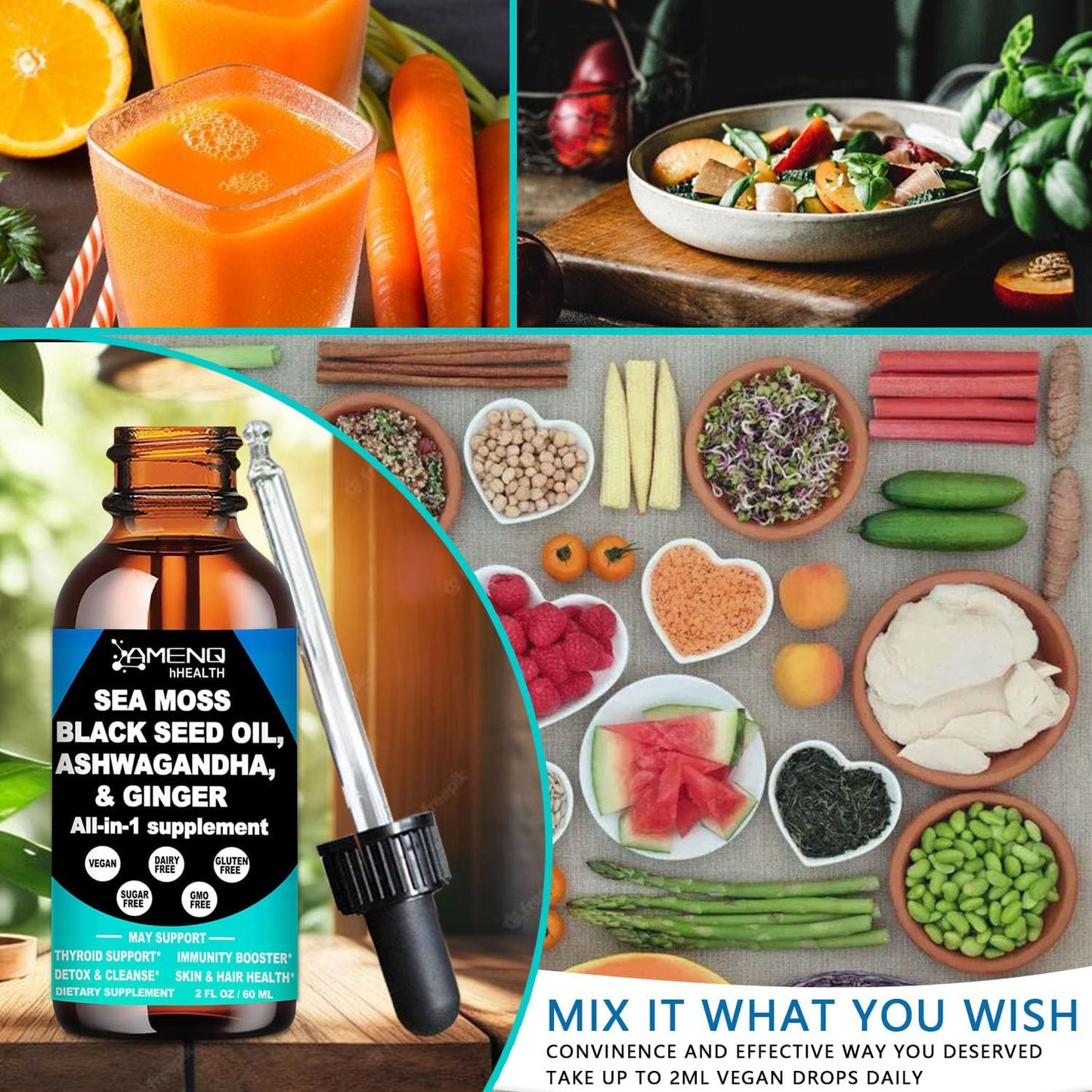 Premium Vegan Sea Moss Black Seed Oil Ashwagandha Ginger Liquid Drops Extract - Immunity & Joint Support - 4X Stronger - 3000mg