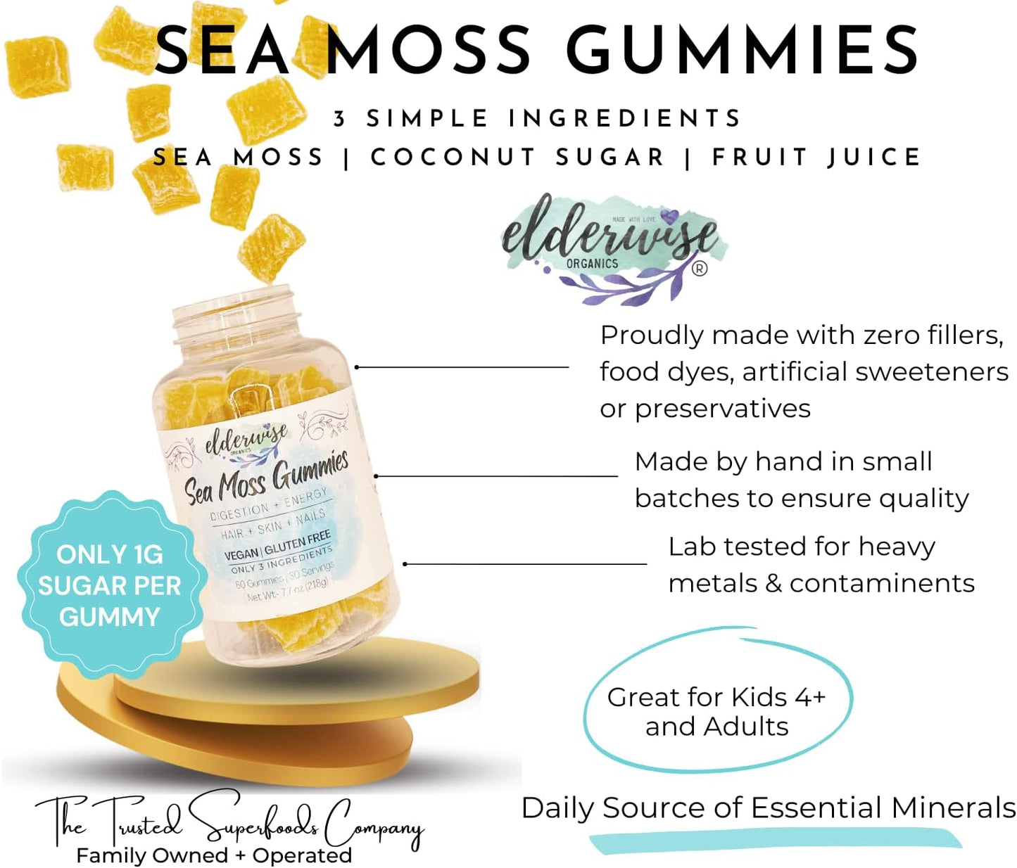 Premium Vegan Sea Moss Gummies with Only 3 Organic Ingredients - Gluten Free and Made With Love by Elderwise Organics